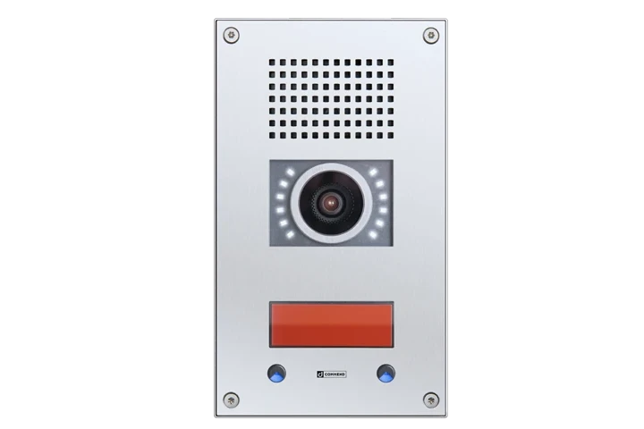 Commend Intercom & Security Solutions Two silver Commend communication systems: an audio call station and a video entry panel with a camera.