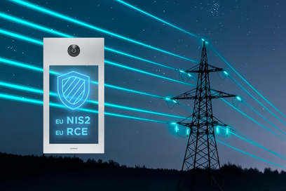 Secure Intercoms for Critical Systems A modern intercom panel with EU NIS2 and EU RCE shield, set against glowing power lines and towers at night.